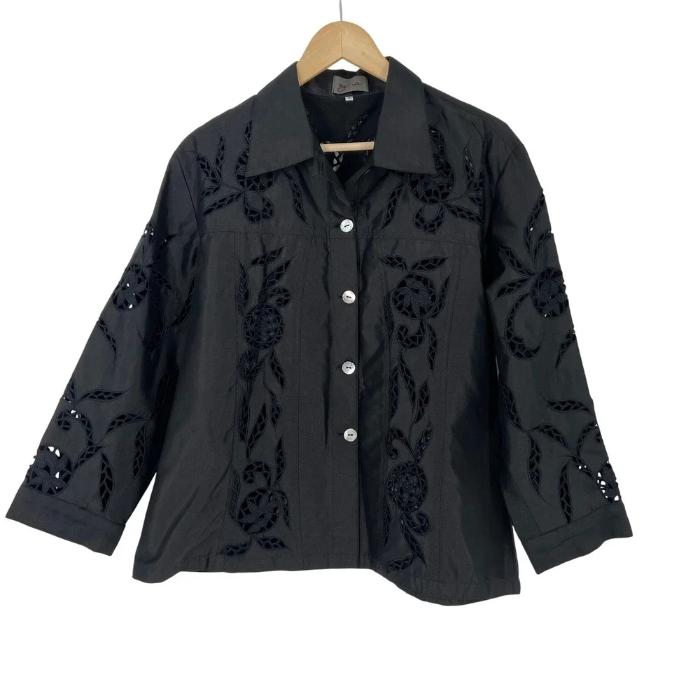 Zena Beverly‎ Hills Black Silk Embroidered Cutout Jacket Women Size 3 L/XL